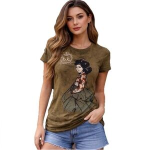 Key Closet Geisha Women’s Army Green Crystal Studded Cotton T Shirt Size Small